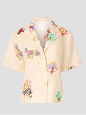 RHODE Nola Top Short Linen Sleeves Collared Neckline Size S